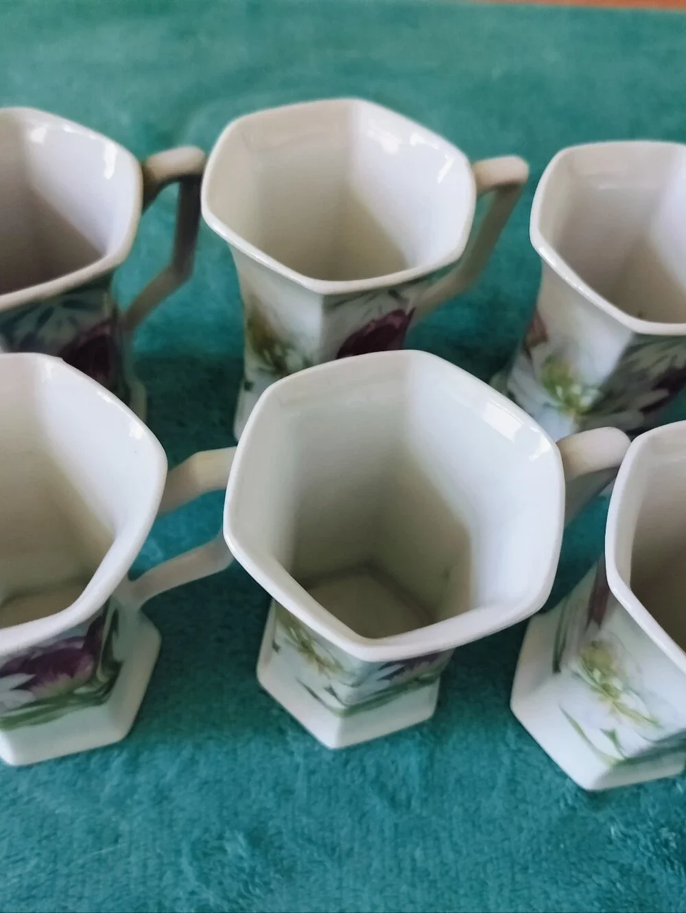 Antique German Porcelain Chocolate Pot Set 6 Cups Tulips Art Nouveau C. 1890s